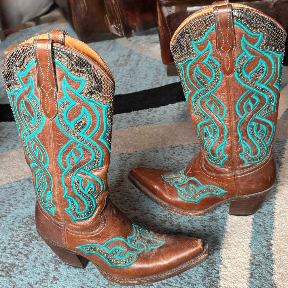 Lucchese Brown and Teal Heeled Western Boots - Picture 4 of 11
